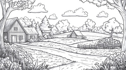 Fototapeta premium Hand drawn farm coloring page book featuring a countryside village scene in black and white. illustration outline of nature and agriculture, perfect for children creative doodling.