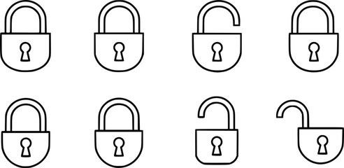 Lock icon. locked and unlocked black outline icon set for app, ui, ux and website. vector illustration on transparent background.
