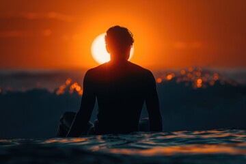 Surfer enjoying a sunset over ocean waves while sitting on their board in warm evening light. Generative AI