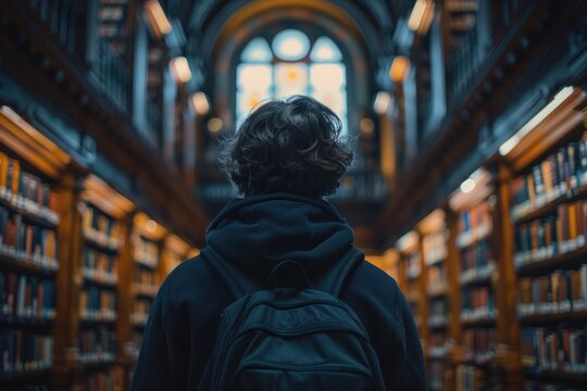 Exploring the vast shelves of a historic library in search of knowledge and adventure. Generative AI