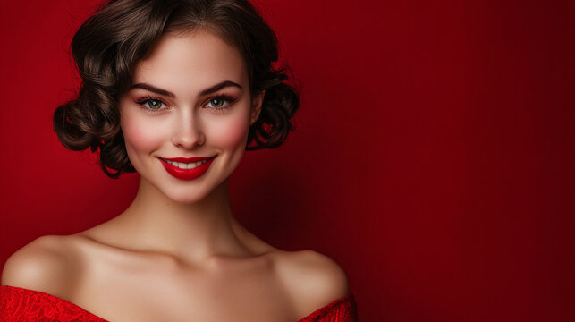 Portrait of beautiful young happy smiling woman with hairstyle and red dress isolated. fashion style outfit from or classic elegant lady clothes, girl model glamour beauty, pretty, nostalgia.