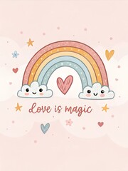 A pastel-colored rainbow adorned with hearts at both ends and an uplifting phrase