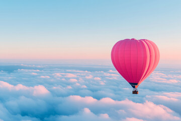 Pink heart shaped hot air balloon soaring above clouds