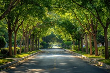Serene tree-lined street captures the essence of a peaceful suburban neighborhood in the afternoon light. Generative AI