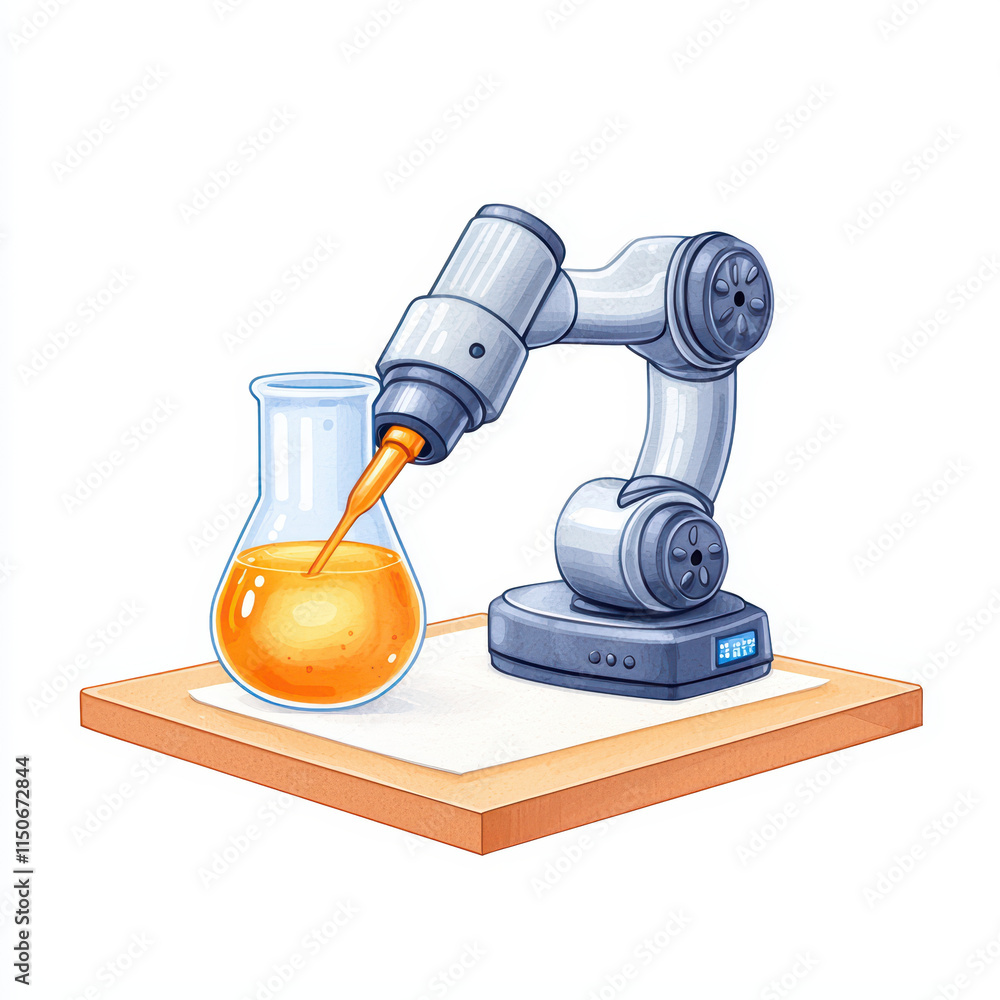 Poster robotic arm pouring liquid into flask on laboratory table, showcasing innovation and technology in s