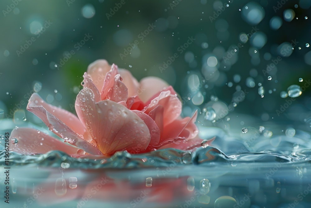 Poster water droplets surround a pink rose floating on the surface of a calm pond in a serene garden settin
