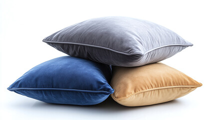 Three pillows of different colors isolated on white background. clean decorative rest and relax bedding decoration object, comfortable soft home bed sleep cotton fabric textile cushion.