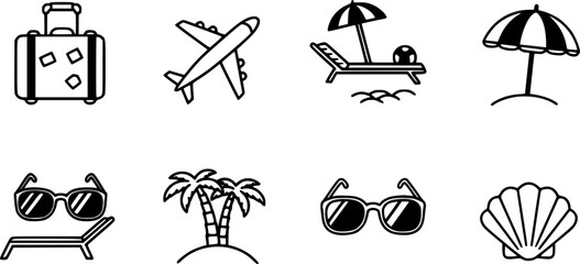 summer travel icon set. holiday tour icons for app and website containing hotel sun camp mountain drink plane island. transparent png and vector.
