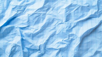 Obraz premium Crumpled blue checkered paper texture realisric vector illustration. White blank notebook sheet with grid, wrinkle and crease effect, note page mock up, educational template