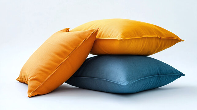 Three pillows of different colors isolated on white background. clean decorative rest and relax bedding decoration object, comfortable soft home bed sleep cotton fabric textile cushion.