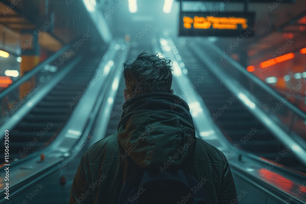 Poster man standing at the bottom of escalators in an empty urban subway station during the evening hours. 