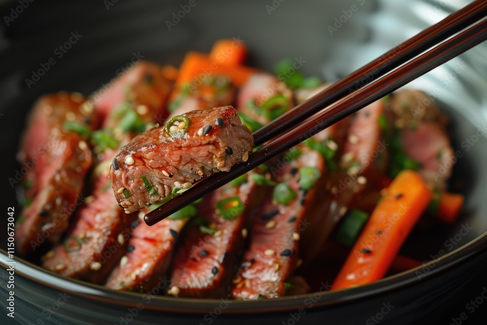 Poster delicious grilled steak with vegetables served in a bowl using chopsticks at a dining table in a coz