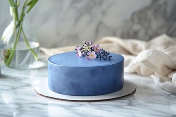 Delicate blue cake adorned with flowers on a marble surface in a bright, elegant setting. Generative AI