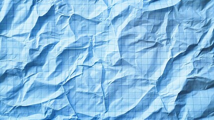 Obraz premium Crumpled blue checkered paper texture realisric vector illustration. White blank notebook sheet with grid, wrinkle and crease effect, note page mock up, educational template