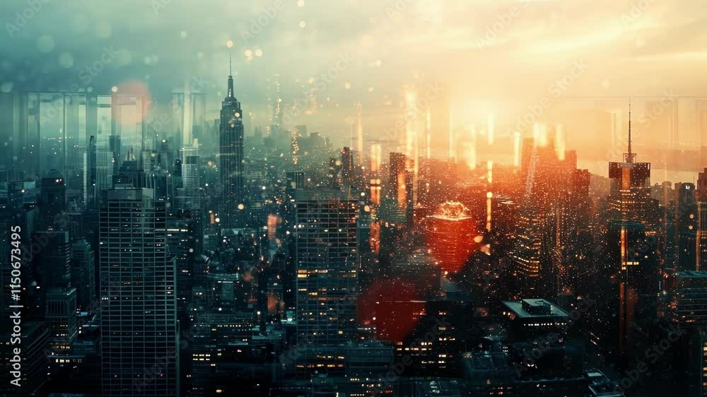 Poster futuristic skyline transforming at sunset with light particles and lens flares, creating a dynamic a