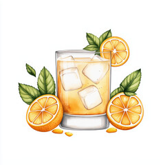 Refreshing orange drink with ice cubes, surrounded by fresh oranges and mint leaves, perfect for summer enjoyment