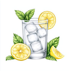 Refreshing glass of lemonade with ice cubes and lemon slices, surrounded by mint leaves. Perfect for hot day