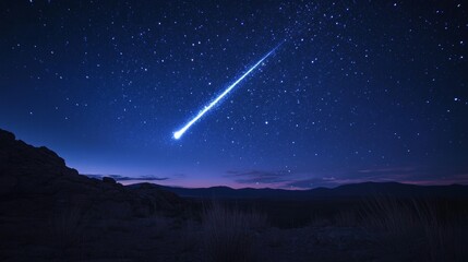 Shooting star arc light with magic neon curve. Glitter flare arch line trail. Blue dust sparkle glowing from meteor flying at night. Twinkle burst transparent element motion isolated tail set