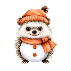 cute hedgehog wearing orange hat and scarf, resembling snowman