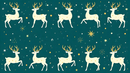 A seamless repeating pattern of minimalist reindeer silhouettes in white and gold, adorned with scattered stars and swirling snow, set against a deep emerald blue background