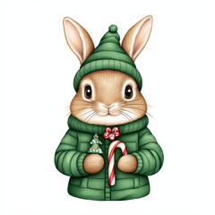 Cute rabbit wearing green winter coat and hat, holding candy cane and s tree. Perfect for festive s