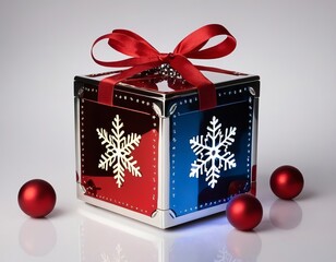 A festive Christmas gift box beautifully wrapped in red and blue, adorned with snowflakes and a...