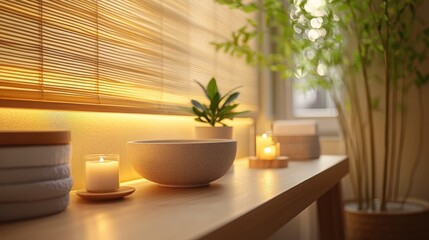 Cozy indoor space with soft lighting, plants, and serene decorative accents