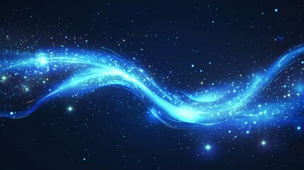 Obraz premium Realistic magic wand with set of blue light vortex effects isolated on transparent background. Vector illustration of luminous lines with shiny glitter particles, magic energy twirl, wizard spell