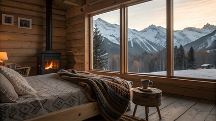 Obraz premium Cozy mountain cabin bedroom with warm fireplace and stunning mountain view