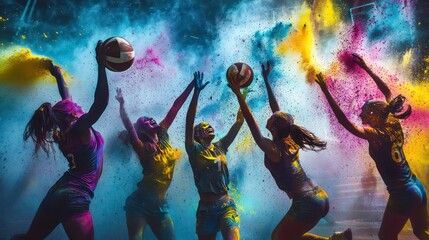 Fototapeta premium Colorful powder explosion surrounds five female volleyball players mid-game, showcasing dynamic action and vibrant hues.