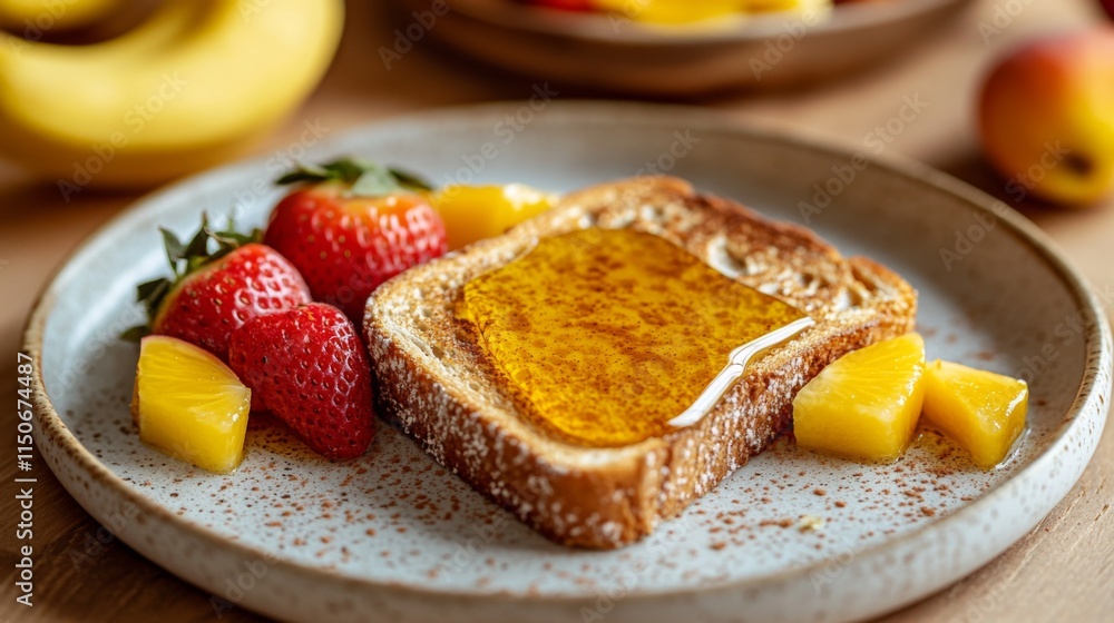 Poster sliced toast with honey and fresh fruits on rustic plate