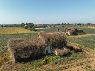 Italy - Abandoned houses near Jesolo from drone view. You can see how growing uon the nature on the human creations