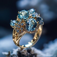 Elegant gold ring with aquamarine and diamond cluster set in intricate design