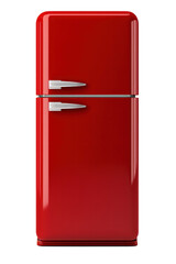 A retro-style vintage design red refrigerator with chrome handles isolated on transparent background