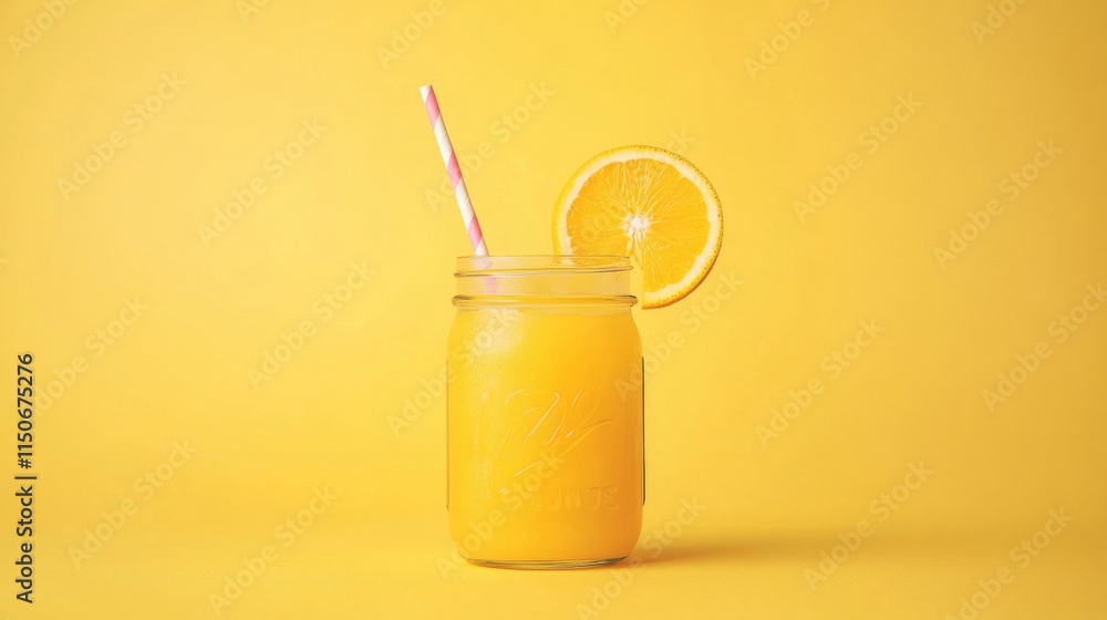 Poster fresh orange juice in a jar with a straw on bright yellow background