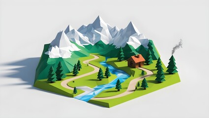 Low-poly Alpine Village Scene