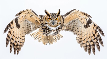 Obraz premium Great Horned Owl Mid Flight with Wide Spread Wings