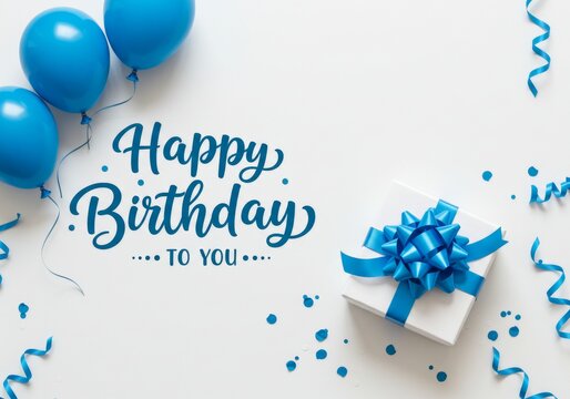 A birthday greeting card with Happy Birthday To You text in cursive on a white background featuring blue balloons, a gift box with a blue ribbon, and scattered blue streamers and confetti