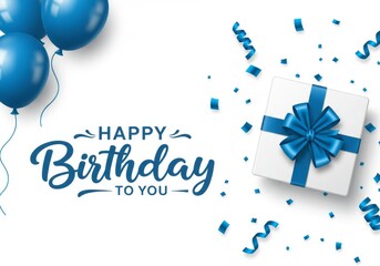 A birthday greeting card with Happy Birthday To You text in cursive on a white background featuring blue balloons, a gift box with a blue ribbon, and scattered blue streamers and confetti

