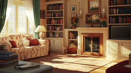 Fototapeta premium A cozy interior design blending classic furniture with timeless charm. A plush upholstered armchair in neutral tones invites relaxation, paired with a vintage wooden side table adorned with a classic 