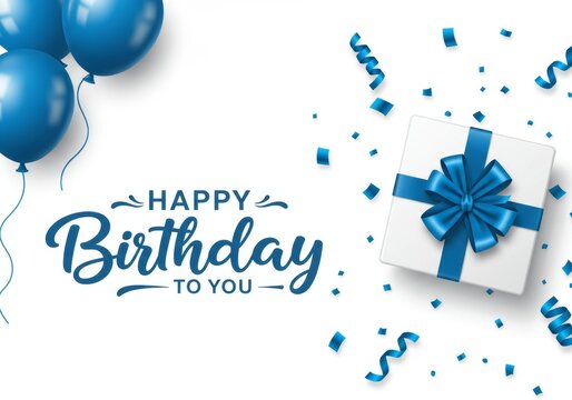 A birthday greeting card with Happy Birthday To You text in cursive on a white background featuring blue balloons, a gift box with a blue ribbon, and scattered blue streamers and confetti

