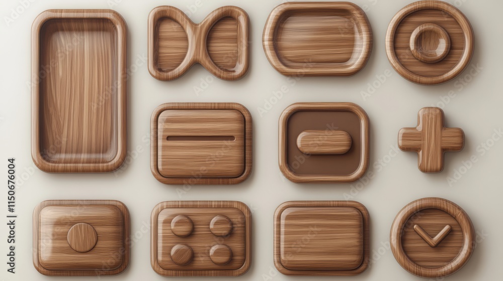 Poster wooden buttons for user interface design in game, video player or website. vector cartoon set of bro