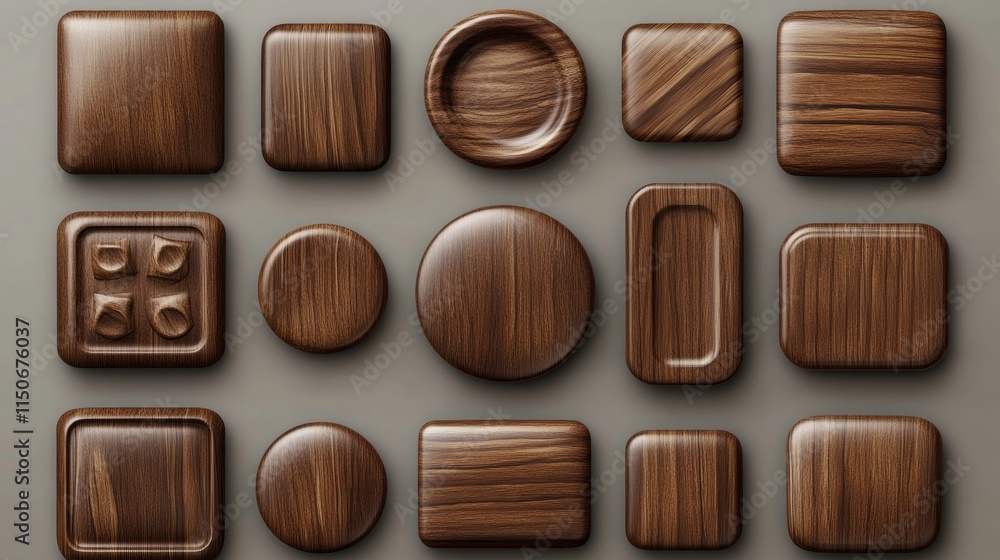 Poster wooden buttons for user interface design in game, video player or website. vector cartoon set of bro