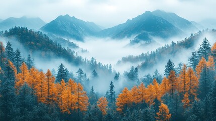 Misty mountain landscape with autumn trees in a serene valley