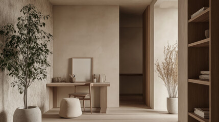 A modern home office with a sleek, minimalist design. A smooth wooden desk serves as the focal point, adorned with carefully chosen decorative items such as a small vase, a lamp, and a few books. 