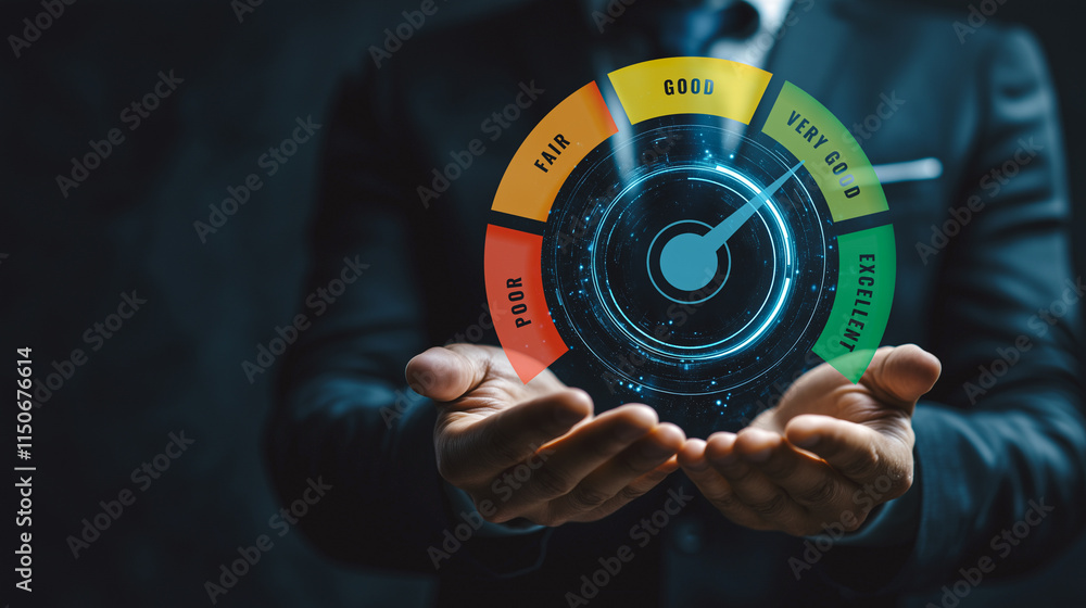 Poster performance management concept: businessman uses a digital gauge showing levels in vibrant colors to