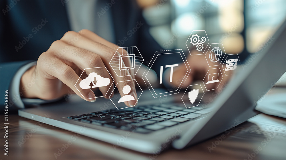Poster it solutions and management concept: a professional interacts with a laptop, digitally accessing it 