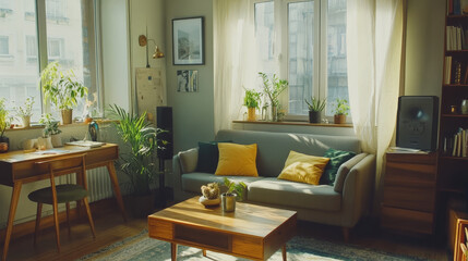 Fototapeta premium A green armchair adds vibrancy, while a sleek desk provides a functional workspace. Indoor plants are scattered throughout, bringing a touch of nature, and elegant accessories complete the aesthetic. 