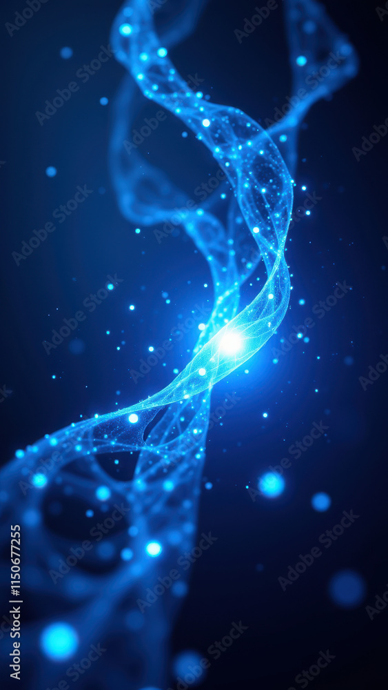 Poster blue molecular structure against a dark background with particles around it.
