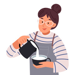 WA cute barista with a milk jug in her hands makes a latte or cappuccino.eb